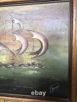 Oil Painting on Canvas by J. PEYRAUD, View of Boats + Wooden Frame #A219