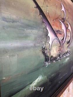 Oil Painting on Canvas by J. PEYRAUD, View of Boats + Wooden Frame #A219