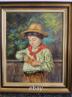 Oil Painting on Wood Boy in Orange Canvas Signed