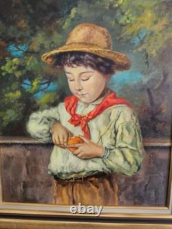 Oil Painting on Wood Boy in Orange Canvas Signed