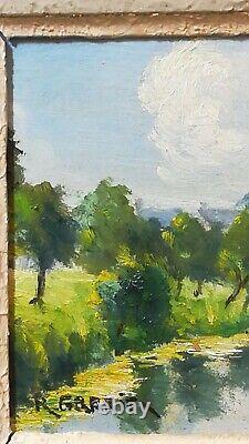 Oil Painting on Wood Early 20th Century Signed R. Grenier Bucolic Landscape of Sarthe