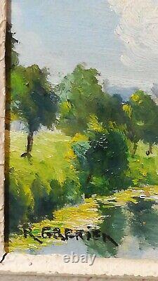 Oil Painting on Wood Early 20th Century Signed R. Grenier Bucolic Landscape of Sarthe