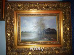 Oil Painting on Wood Farmyard Courtyard, Chickens and Rooster Signed Léry