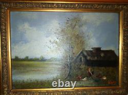 Oil Painting on Wood Farmyard Courtyard, Chickens and Rooster Signed Léry