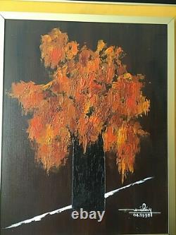 Oil Painting on Wood Fire Flowers Signed René Lévy Dated 04.1995