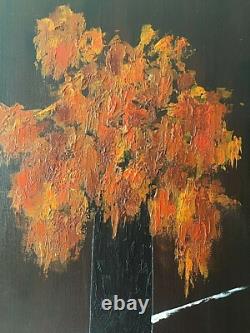 Oil Painting on Wood Fire Flowers Signed René Lévy Dated 04.1995