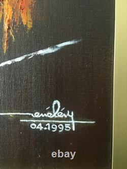 Oil Painting on Wood Fire Flowers Signed René Lévy Dated 04.1995