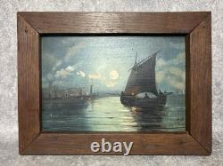 Oil Painting on Wood Marine. Fishing. Sailboat. Rowboat. Night Moon 1900