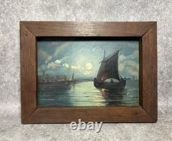 Oil Painting on Wood Marine. Fishing. Sailboat. Rowboat. Night Moon 1900 Oil Painting on Wood Marine. Fishing. Sailboat. Rowboat. Night Moon 1900