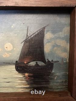Oil Painting on Wood Marine. Fishing. Sailboat. Rowboat. Night Moon 1900