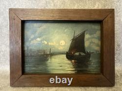 Oil Painting on Wood Marine. Fishing. Sailboat. Rowboat. Night Moon 1900