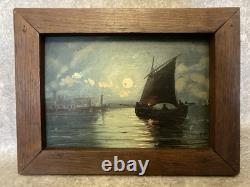 Oil Painting on Wood Marine. Fishing. Sailboat. Rowboat. Night Moon 1900