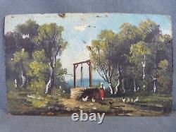 Oil Painting on Wood Panel, 19th Century Woman at the Well