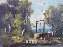 Oil Painting on Wood Panel, 19th Century Woman at the Well