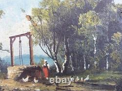 Oil Painting on Wood Panel, 19th Century Woman at the Well