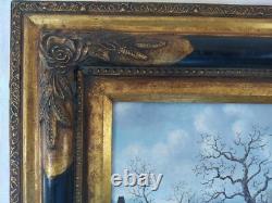 Oil Painting on Wood Panel Snowy Village Double Frame with Corner Fillers