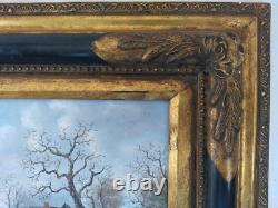 Oil Painting on Wood Panel Snowy Village Double Frame with Corner Fillers