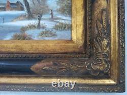 Oil Painting on Wood Panel Snowy Village Double Frame with Corner Fillers