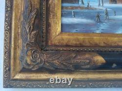 Oil Painting on Wood Panel Snowy Village Double Frame with Corner Fillers