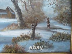 Oil Painting on Wood Panel Snowy Village Double Frame with Corner Fillers