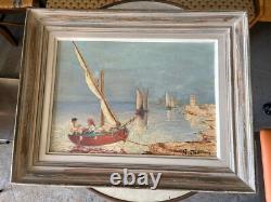 Oil Painting on Wood Signed to be Determined Maritime Landscape Fishing Boat