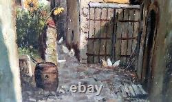 Oil Painting on Wood Table Street Scene in the Countryside Signed to be Determined 1944