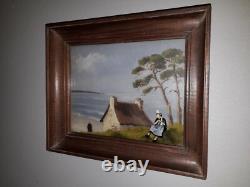 Oil Painting on Wood and Glass: A Bigouden Woman and Coastal Landscape of Brittany