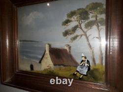 Oil Painting on Wood and Glass: A Bigouden Woman and Coastal Landscape of Brittany