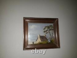 Oil Painting on Wood and Glass: A Bigouden Woman and Coastal Landscape of Brittany