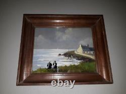 Oil Painting on Wood and Glass Two Bigoudenes and Seaside Landscape Brittany