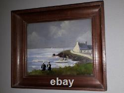 Oil Painting on Wood and Glass Two Bigoudenes and Seaside Landscape Brittany