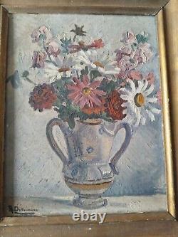 Oil Painting on Wood signed Delhumeau Bouquet of Flowers Vendée Isle of Yeu