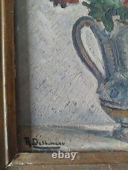 Oil Painting on Wood signed Delhumeau Bouquet of Flowers Vendée Isle of Yeu