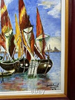 Oil Painting on Wooden Panel Vintage Sailboat Marine Decor Signed Port 2003