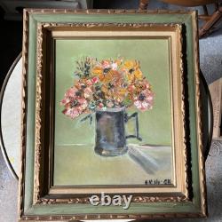 Oil on Canvas Still Life Flowers Wooden Frame