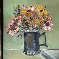 Oil on Canvas Still Life Flowers Wooden Frame