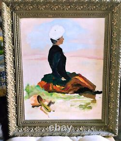 Oil on Canvas Woman on the Beach in Antique Gilded Wood Frame