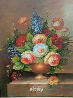 Oil on Canvas by Michel Aaron 20th Century Bouquet of Flowers Wooden Frame L1790
