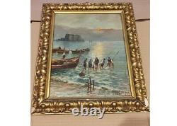 Oil on Canvas by Musumeci G. 1930/40 Fishermen view of Castel dell'Ovo