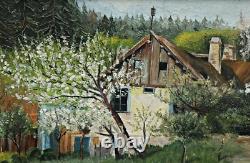 Oil on Canvas on Wood Farm Landscape Signed, Framed (Art Deco)