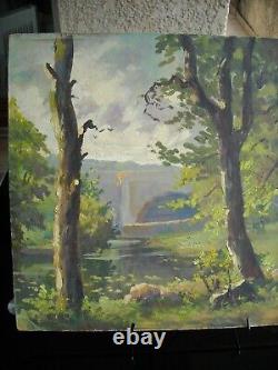 Oil on Isorel wood by the river/bridge signed by Pierre Trassard