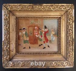 Oil on Panel 14x10 cm Framed Painting Wood Stucco 20x18 Busy Street Scene
