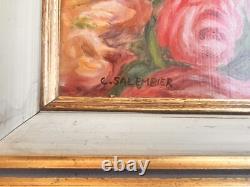 Oil on Panel Bouquet of Roses by Claude Salembier Golden Wood Frame 20th Century