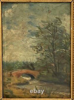 Oil on Panel on Wood Barbizon River Bridge End of 19th Century A4085