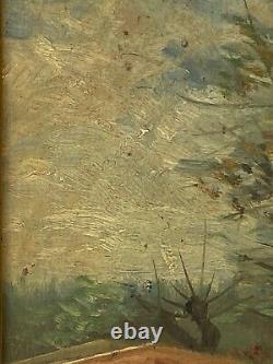 Oil on Panel on Wood Barbizon River Bridge End of 19th Century A4085