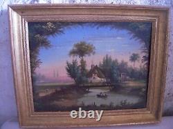 Oil on Wood Antique Framed Late 18th Century Animated Landscape