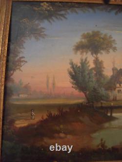 Oil on Wood Antique Framed Late 18th Century Animated Landscape