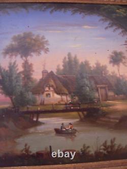 Oil on Wood Antique Framed Late 18th Century Animated Landscape