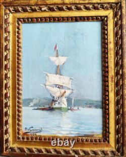 Oil on Wood - J. M. Omer Camoreyt - a Great Three Masts in the Harbor of Bordeaux - 1891