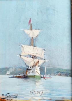 Oil on Wood - J. M. Omer Camoreyt - a Great Three Masts in the Harbor of Bordeaux - 1891